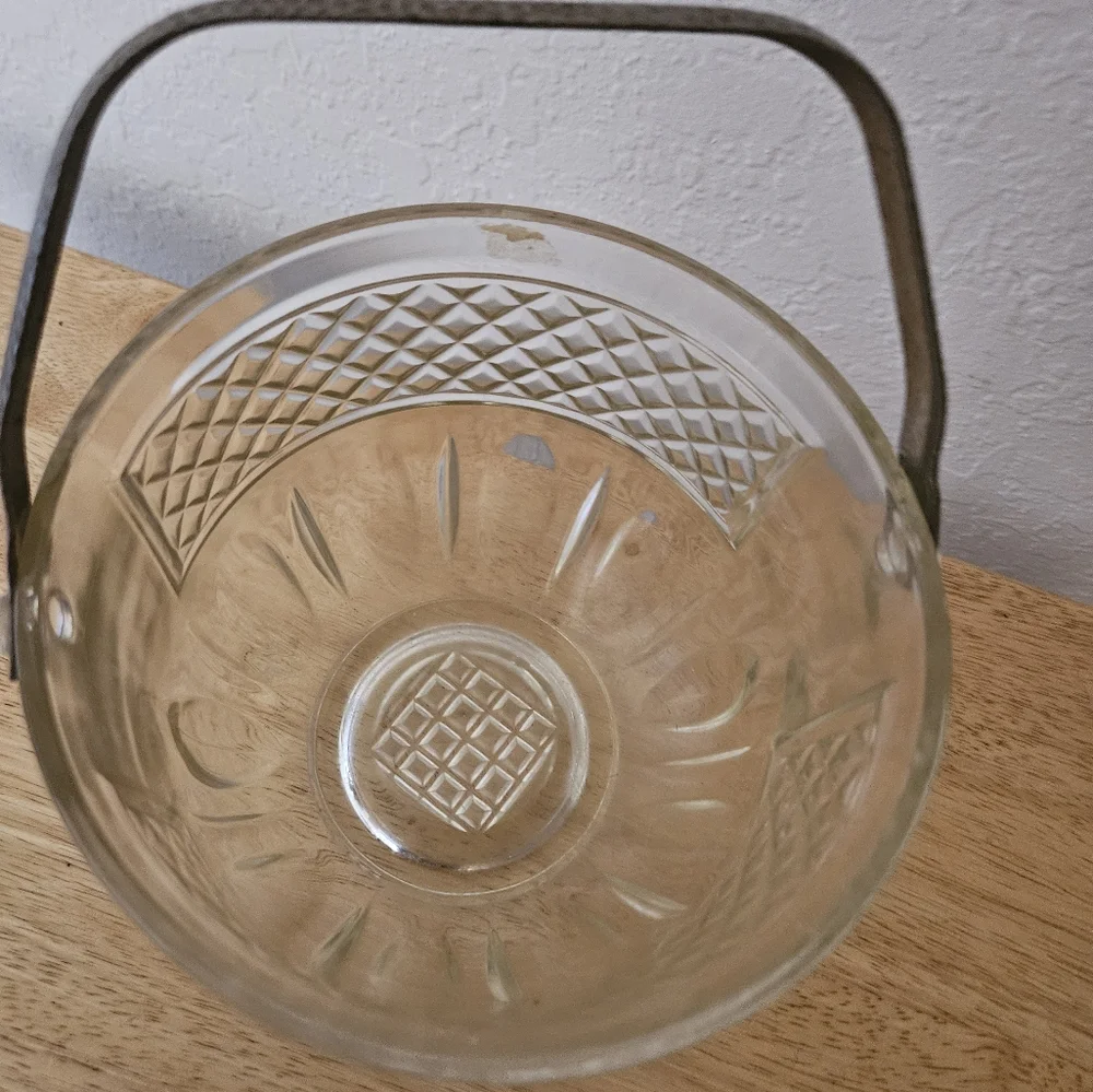 Vintage Glass Ice Bucket with Hammered Silver Handle